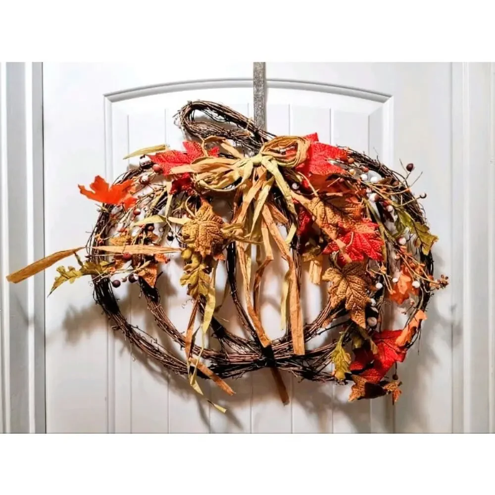 Fall Autumn Grapvine Halloween Pumpkin Wreath Thanksgiving Door Decor 24